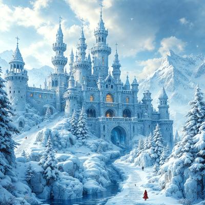 Primary subject: A large, snow-covered castle with a blue river flowing in front of it.

Setting/background: The castle is situated in a snowy landscape, with a mountain range visible in the background.

Visual style: The image is a digital art or illustration, featuring a detailed and intricate castle design.

Colors and mood: The dominant colors are white and blue, creating a cold and serene atmosphere.